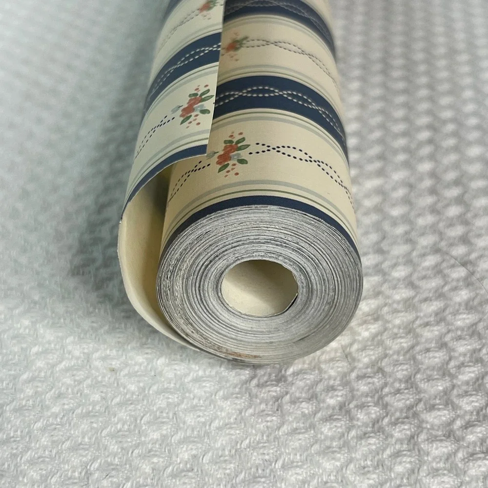 Vintage‎ Floral Striped Wallpaper Roll Navy Blue Cream Cottagecore 20.5 Inch